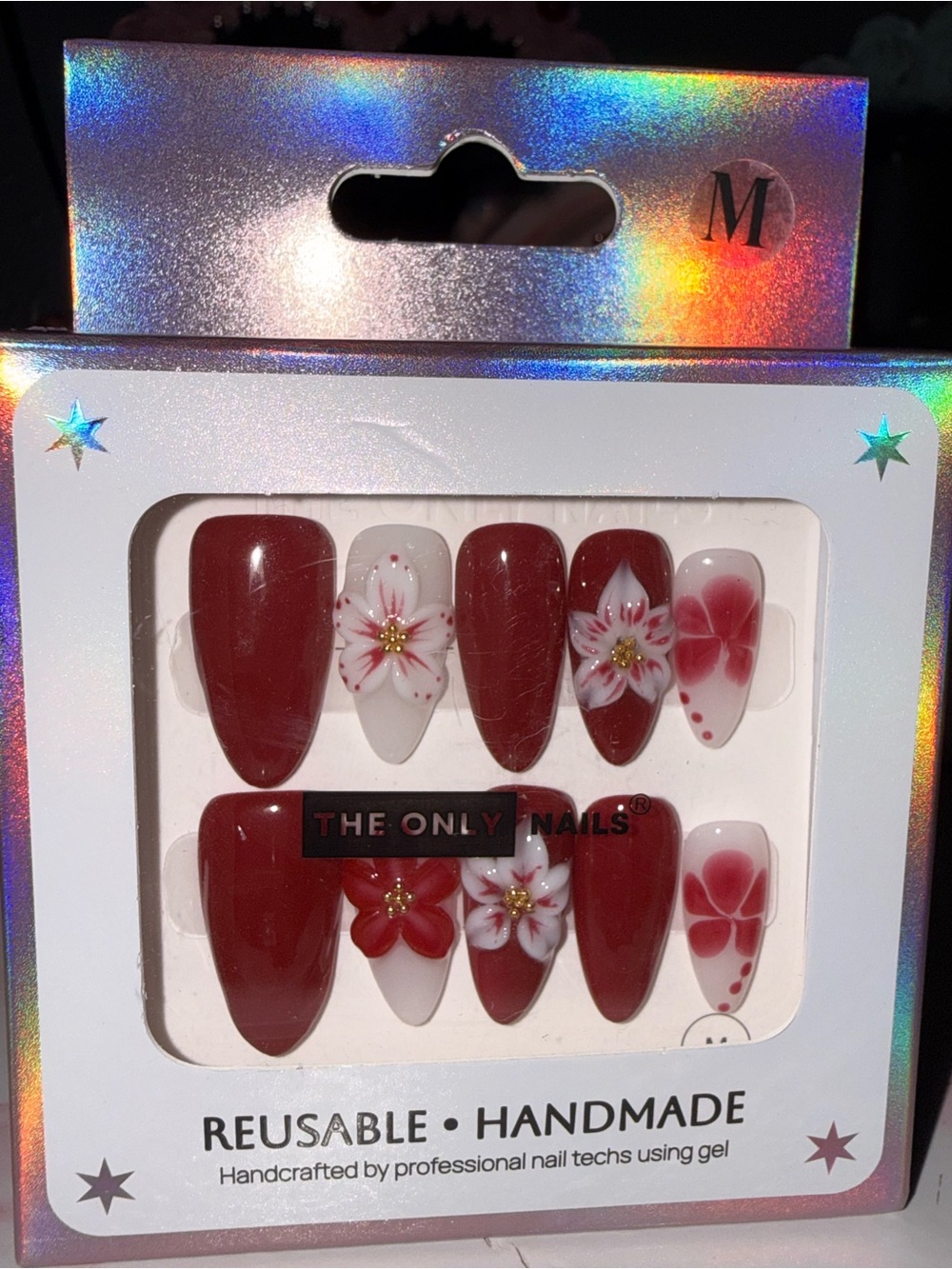 The Only Nails Reusable Handmade Red & White Floral Press-On Nails size Medium